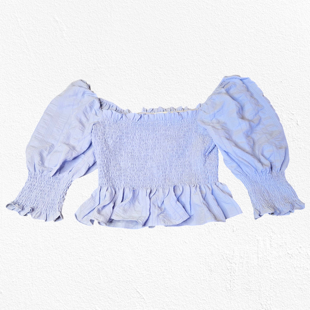 En Saison Blue Smocked Cropped Peplum Square Neck Peasant Boho Blouse Size Large